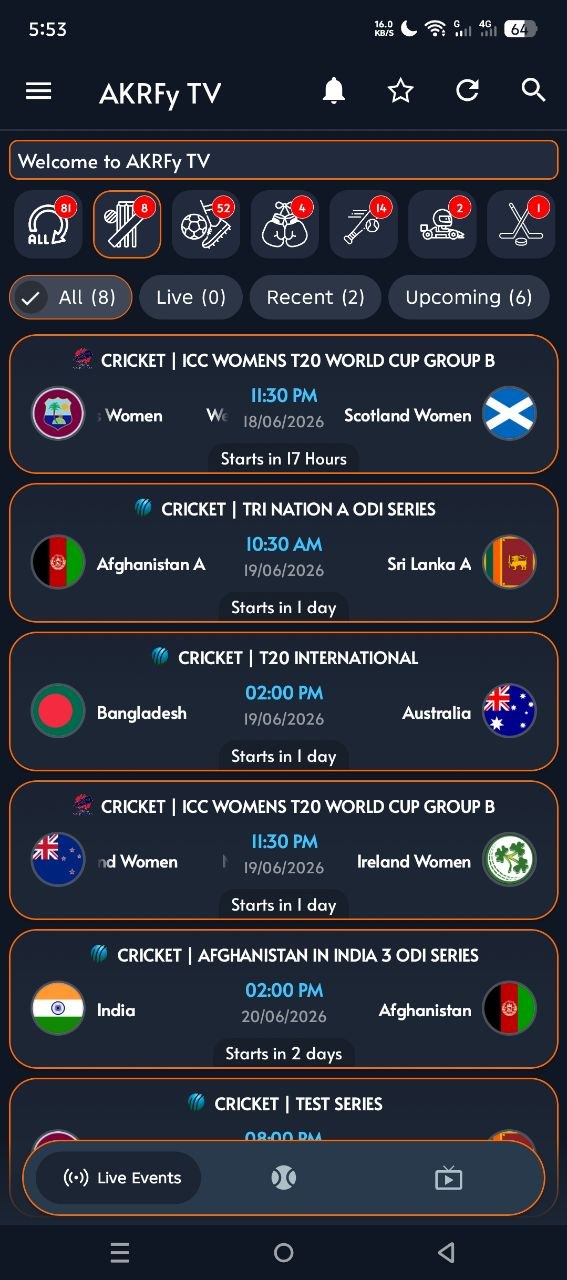 AKRFy TV live events screen showing the cricket match schedule